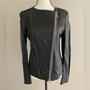 ESCADA Sport Leather Jacket Zip Women’s 36 Black w/White Trim